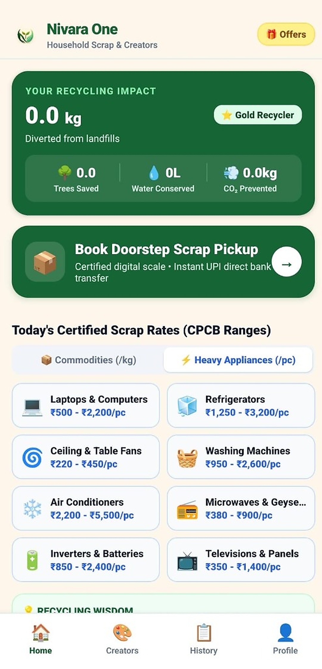 Nivara One live mobile application interface for scrap booking and upfront spot pricing